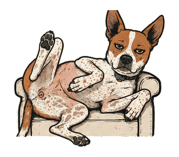 The I Hurt Your Feelings dog mascot reclining in a chair.
