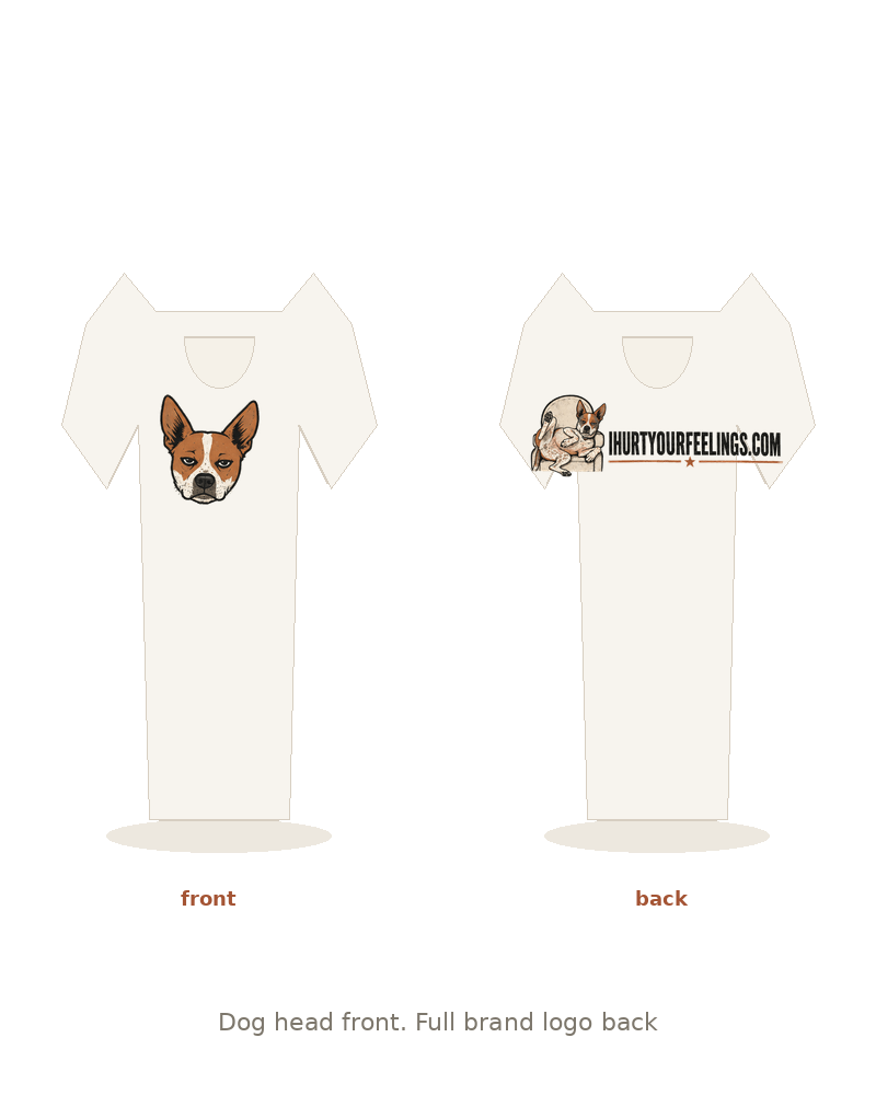 Two cream t-shirt mockups showing the dog head logo on the front and the full brand logo on the back.